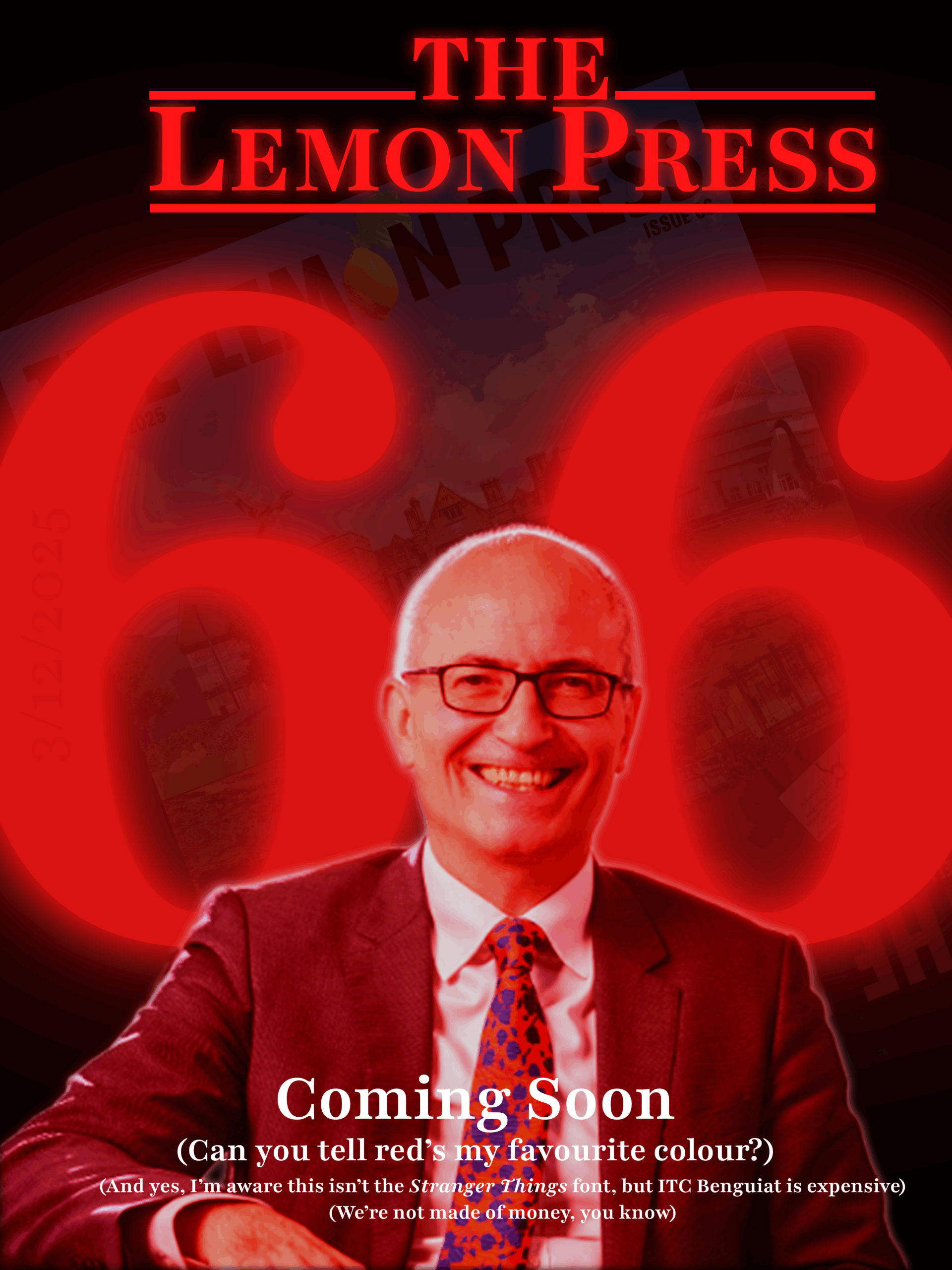 Issue 66 Poster featuring Charlie Jeffery in front of the a glowing red "66" imitating the Stranger Things 5 poster.