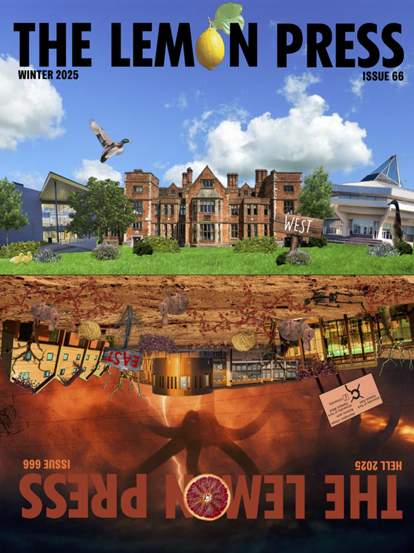 A reversible image with Campus West as the regular world and East as an evil hellscape.